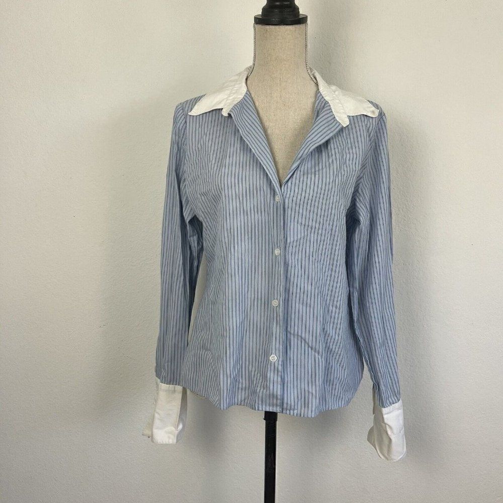 Tailor New York Vintage Y2K Button Down Blue & White Pinstriped Women Blouse Lrg
